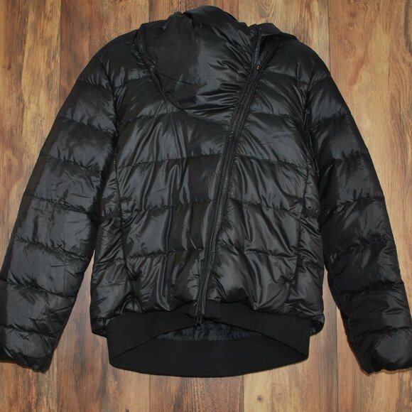 Nike Down Fill Puffer Jacket Asymmetrical Full Zip Hooded Black Size Medium - Picture 1 of 8